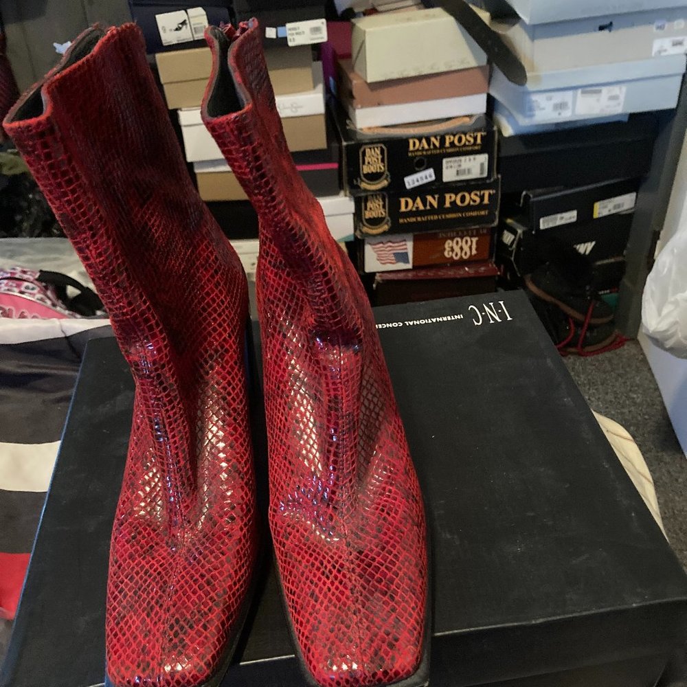 STUART WEITZMAN RED SNAKESKIN BOOTS